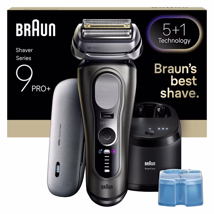 Braun Series 9 PRO+ 9675cc scheerapparaat met powercase en 6-in-1 reinigingsstation.