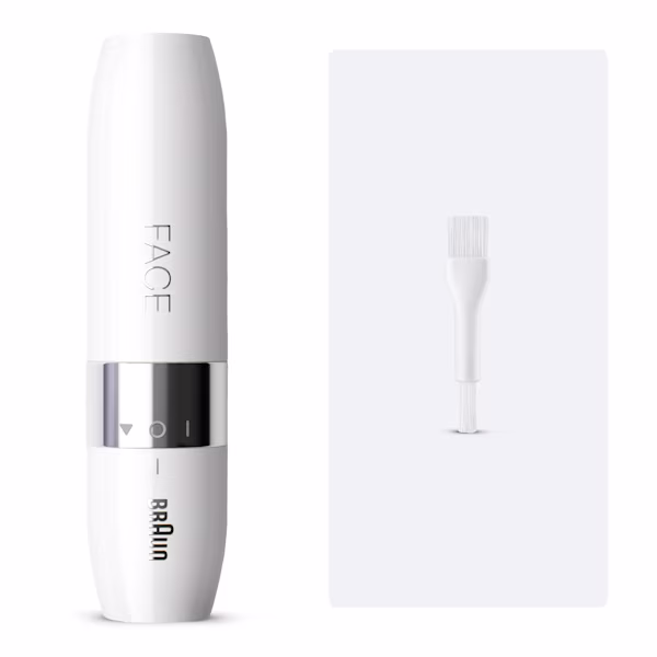 Productafbeelding van de voorkant van de Mini Hair Remover "Face" met de verpakking op de achtergrond op een witte achtergrond.