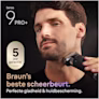 Man scheert zich met Series 9 PRO+. Tekst zegt: De beste scheerbeurt van Braun.