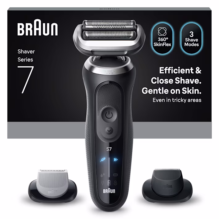 Image of Series 7 72-N1620s shaver set with 2 attachments.