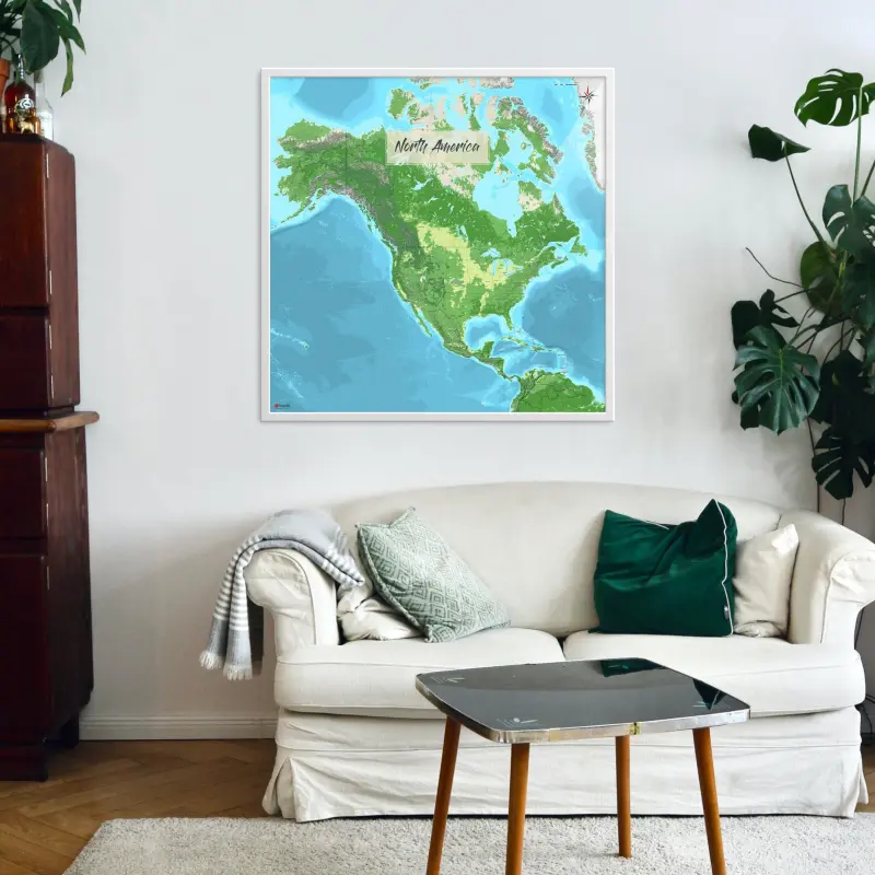 Nordamerika-Landkarte als Poster im Jalma Design in einem Wohnzimmer mit Couch