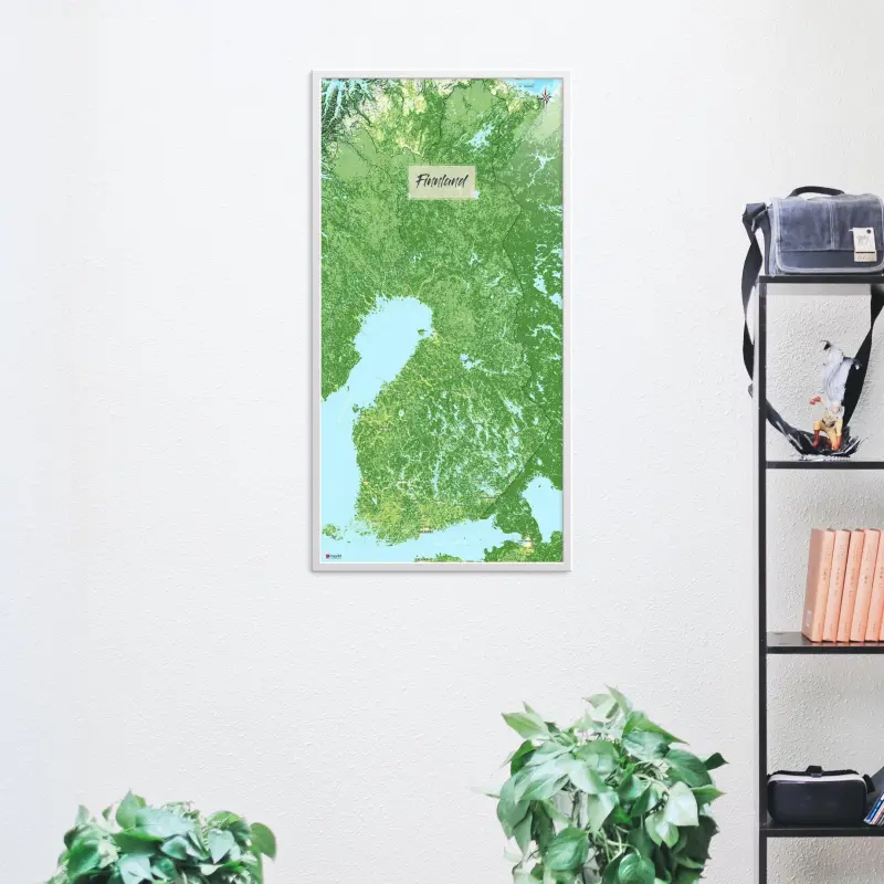 Finnland-Landkarte als Poster im Jalma Design neben einem Regal