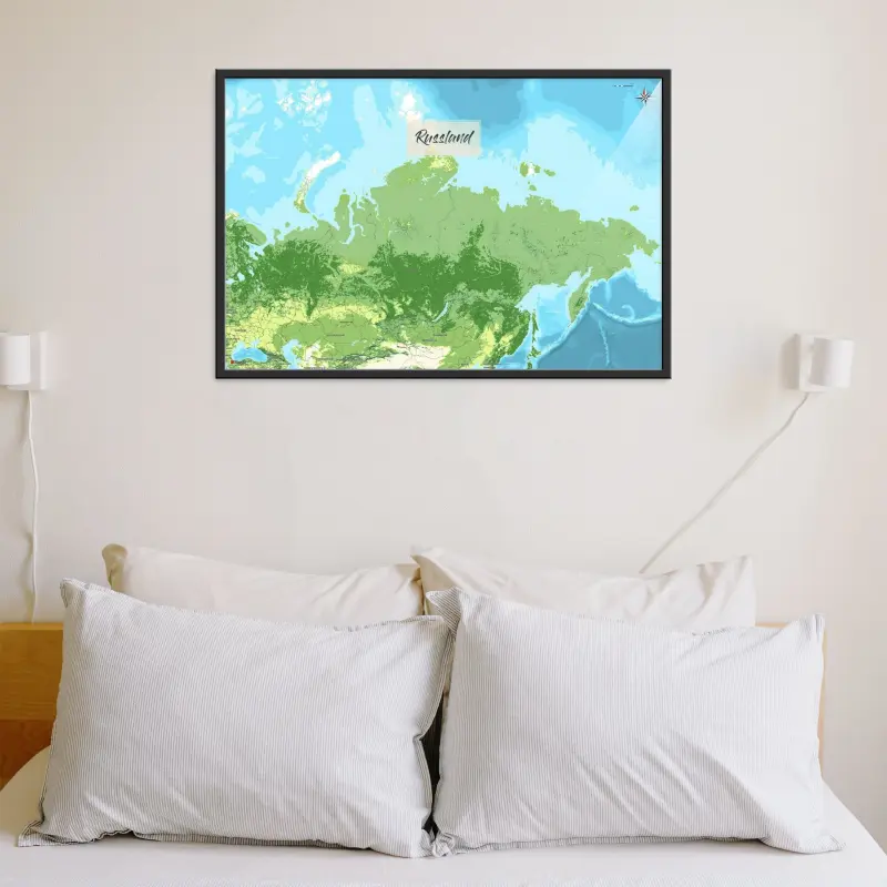 Russland-Landkarte als Poster im Jalma Design über einem Kissenhaufen