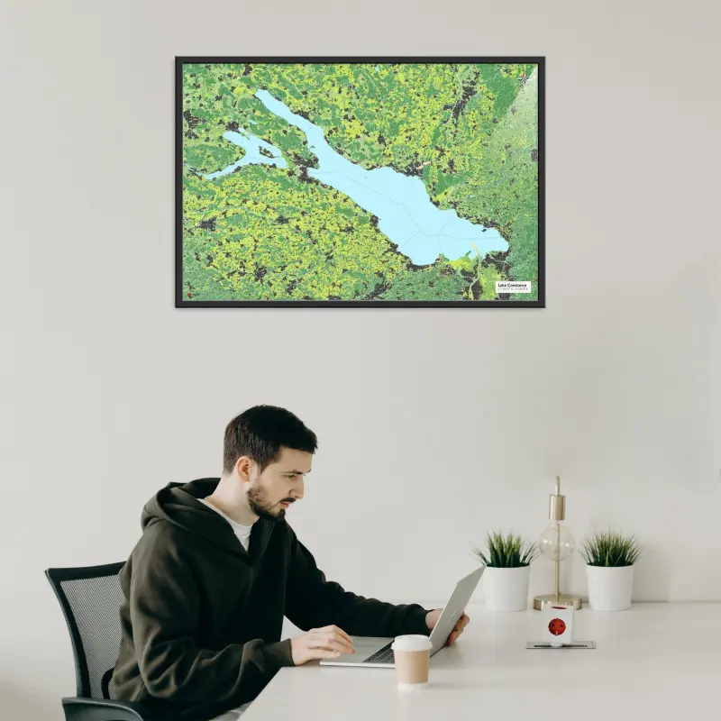 Bodensee-Landkarte als Poster im Jalma Design über einem Laptopnutzer