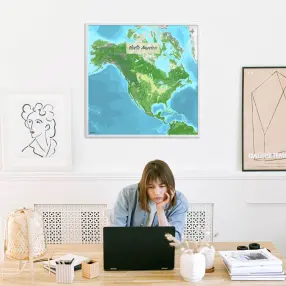 Nordamerika-Landkarte als Poster im Jalma Design in einem Büro mit Frau und Laptop