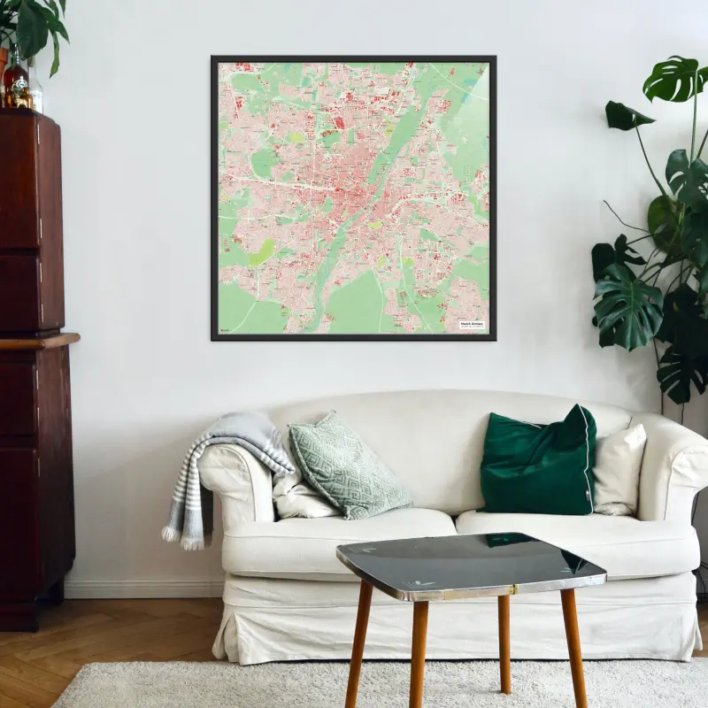München-Stadtkarte als Poster im Nani Design in einem Wohnzimmer mit einer Couch