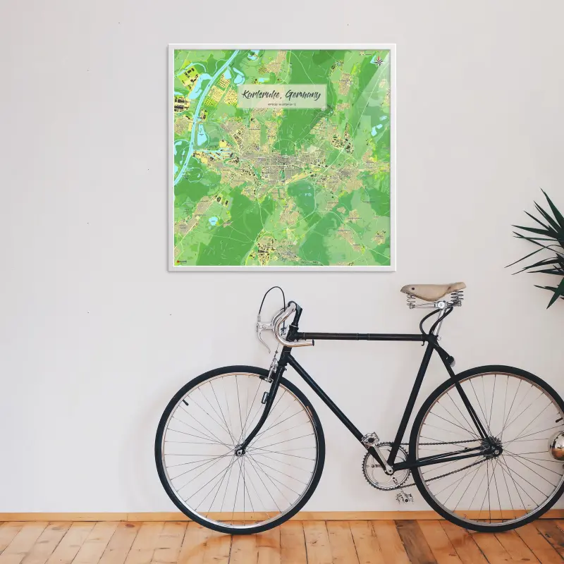 Karlsruhe-Stadtkarte als Poster im Jalma Design über einem Fahrrad