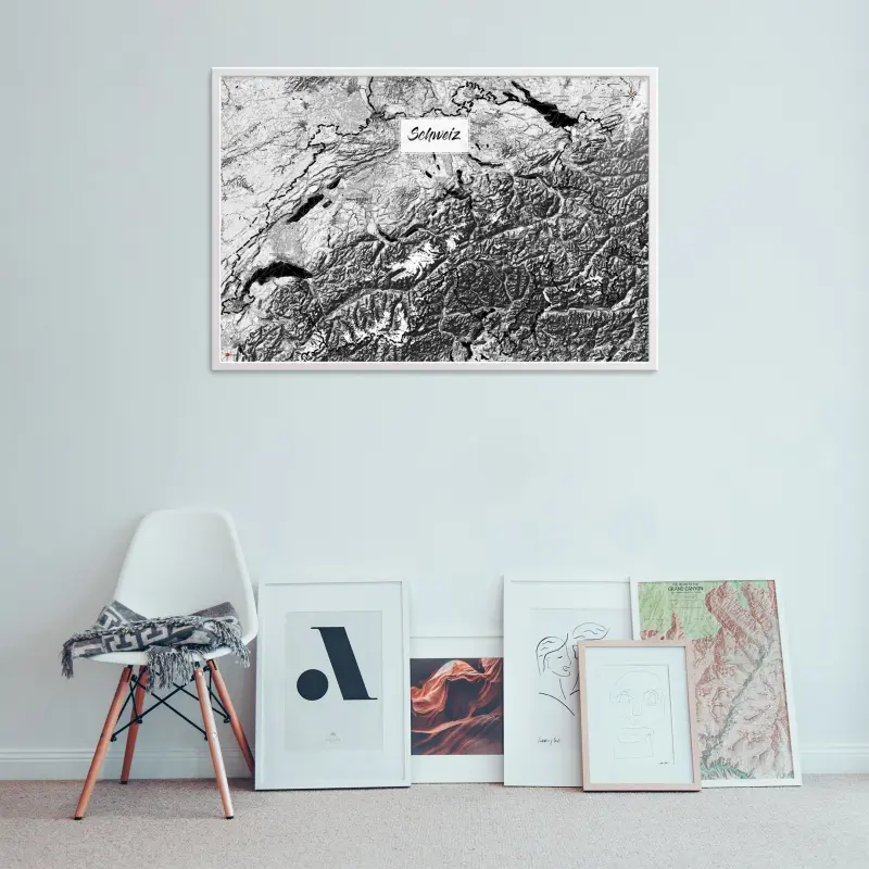 Schweiz-Landkarte als Poster im Kaia Design über einer Bildergalerie