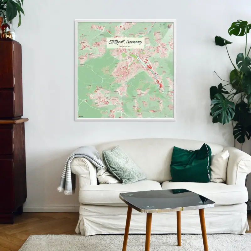 Stuttgart-Stadtkarte als Poster im Nani Design in einem Wohnzimmer mit einer Couch