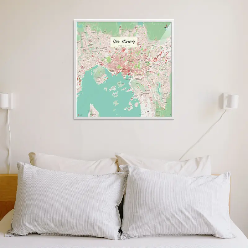 Oslo-Stadtkarte als Poster im Nani Design in einem Schlafzimmer mit vielen Kissen