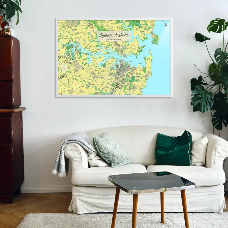 Sydney-Stadtkarte als Poster im Jalma Design in einem Wohnzimmer über einem Sofa