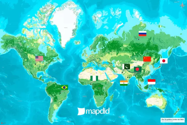 Die 10 größten Länder der Welt auf einer Weltkarte (Jalma Design)