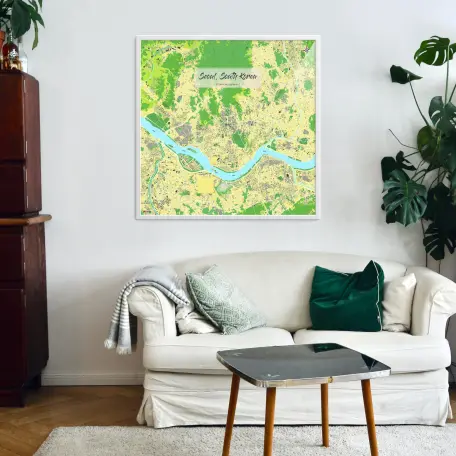 Seoul-Stadtkarte als Poster im Jalma Design in einem Wohnzimmer mit einer Couch