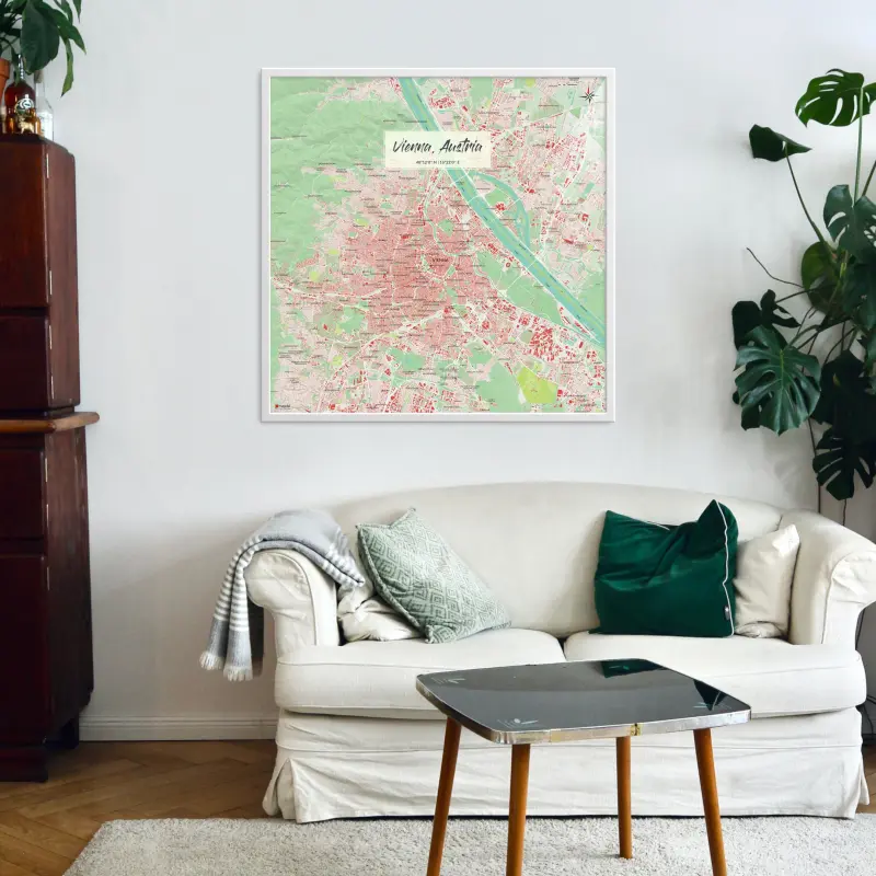 Wien-Stadtkarte als Poster im Nani Design in einem Wohnzimmer mit einem Sofa