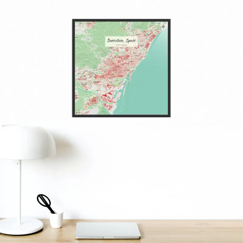 Barcelona-Stadtkarte als Poster im Nani Design in einem Büro