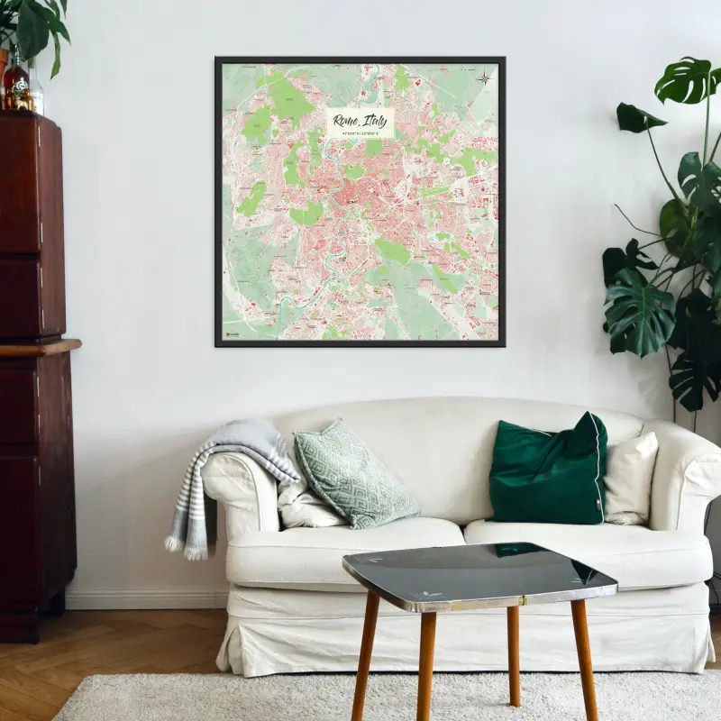 Rom-Stadtkarte als Poster im Nani Design in einem Wohnzimmer mit einem Sofa