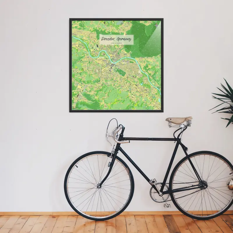 Dresden-Stadtkarte als Poster im Jalma Design hinter einem Fahrrad