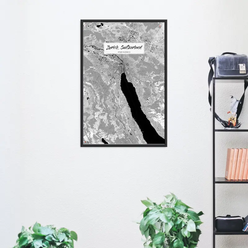 Zürich-Stadtkarte als Poster im Kaia Design in einem Wohnzimmer mit Regal