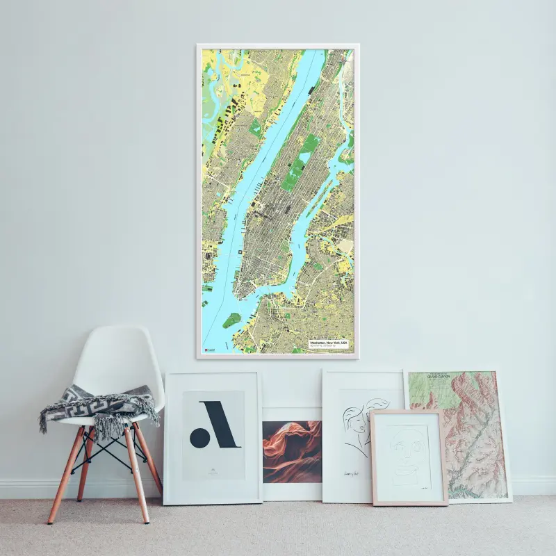 Stadtkarte von Manhattan, New York als Poster im Jalma Design an der Wand über einer Bildergalerie