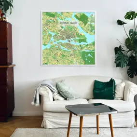 Stockholm-Stadtkarte als Poster im Jalma Design in einem Wohnzimmer mit einem Sofa