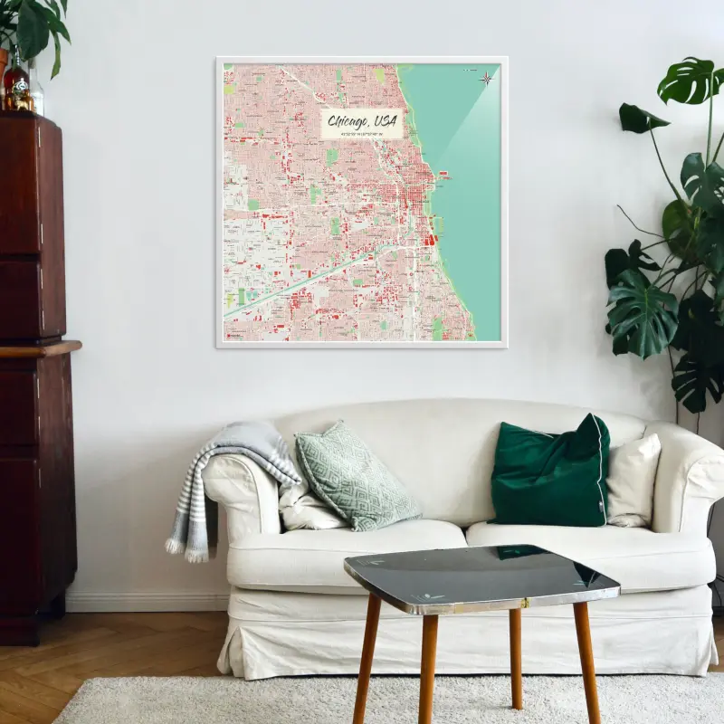Chicago-Stadtkarte als Poster im Nani Design in einem Wohnzimmer mit einem Sofa