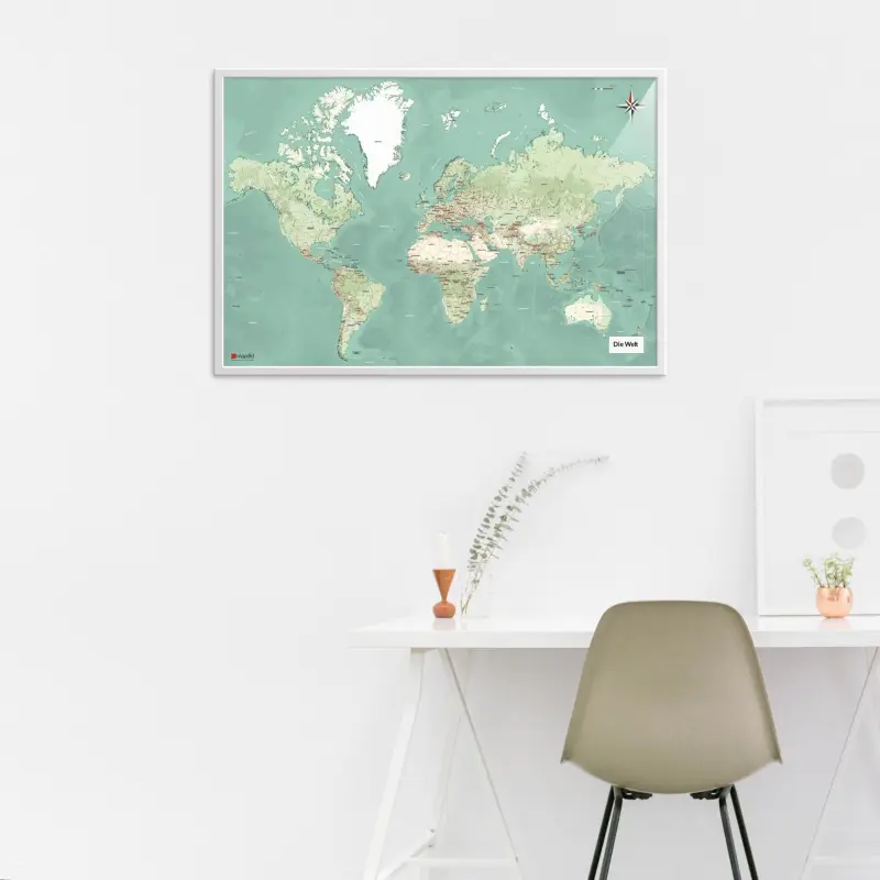 Die Weltkarte als Poster im Nani Design über einem Schreibtisch