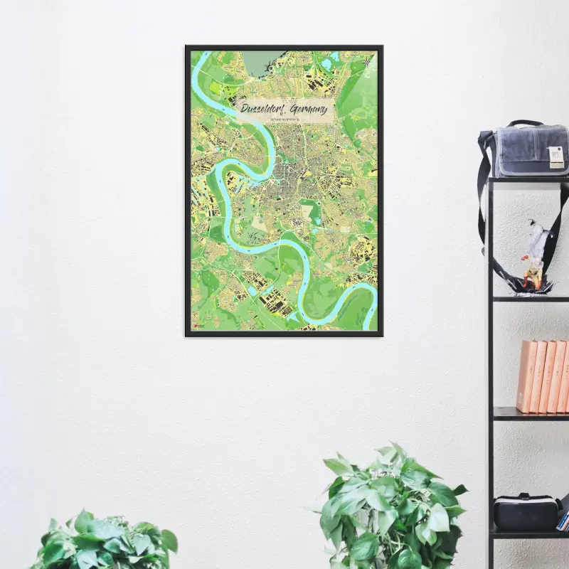 Düsseldorf-Stadtkarte als Poster im Jalma Design in einem Wohnzimmer mit Regal
