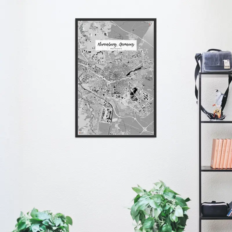 Nürnberg-Stadtkarte als Poster im Kaia Design in einem Wohnzimmer mit Regal