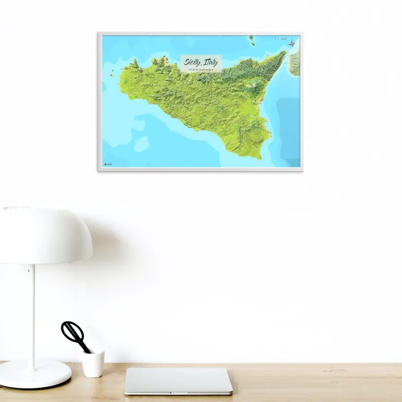 Sizilien-Stadtkarte als Poster im Jalma Design in einem Büro mit Lampe