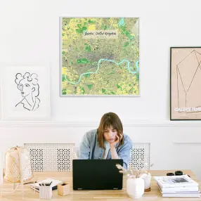 London-Stadtkarte als Poster im Jalma Design in einem Büro mit Frau und Laptop