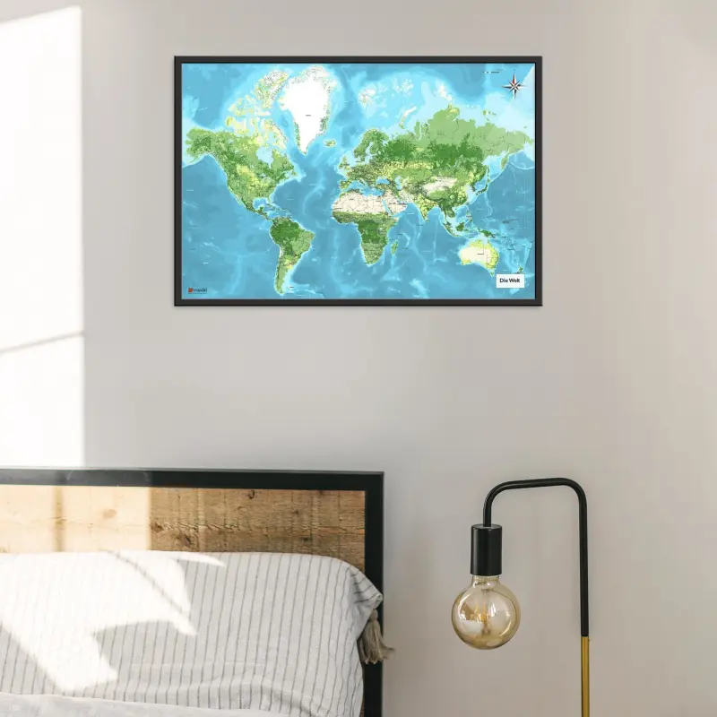 Die Weltkarte als Poster im Jalma Design über einem Bett
