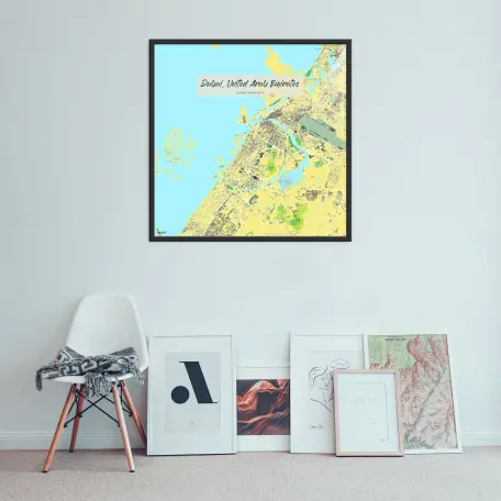 Dubai-Stadtkarte als Poster im Jalma Design über einer Bildergalerie an der Wand hängend