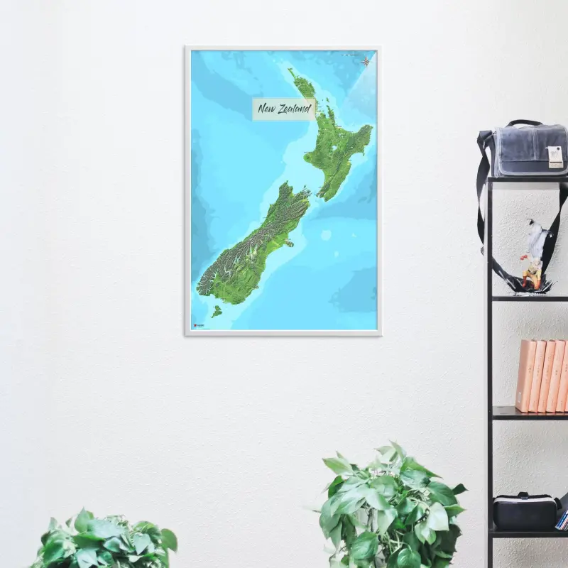 Neuseeland-Landkarte als Poster im Jalma Design in einem Wohnzimmer mit Regal