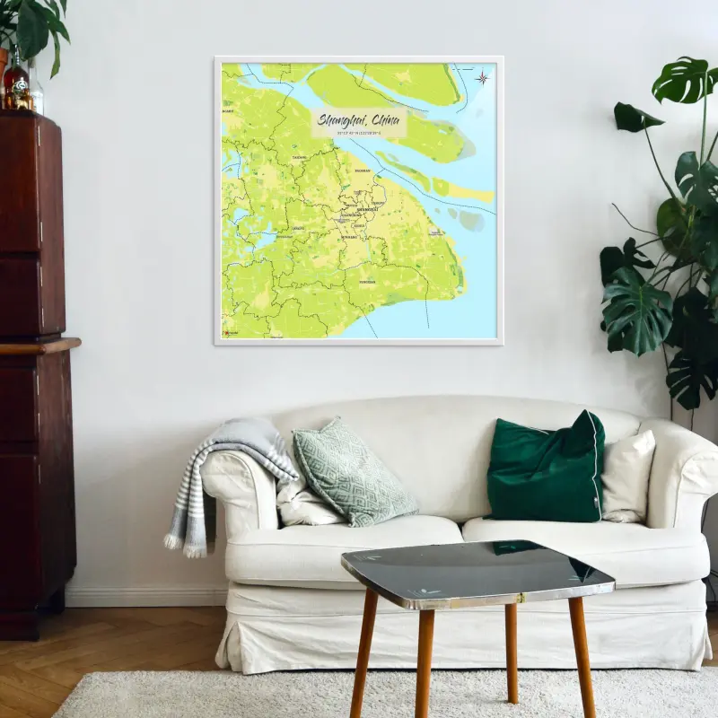 Shanghai-Stadtkarte als Poster im Kaia Design in einem Wohnzimmer mit einer Couch