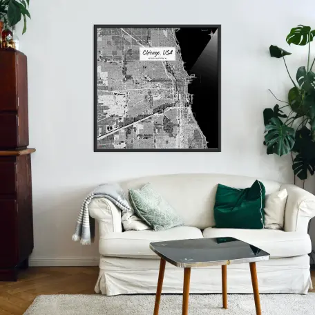 Chicago-Stadtkarte als Poster im Kaia Design in einem Wohnzimmer mit einem Sofa