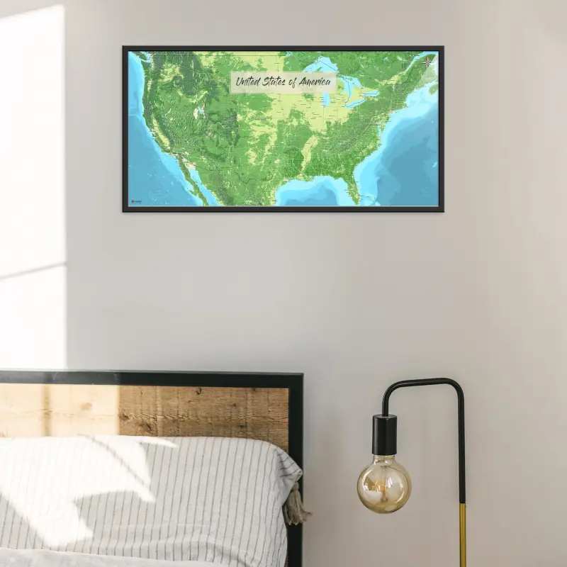 USA-Landkarte als Poster im Jalma Design in einem Schlafzimmer mit Bett
