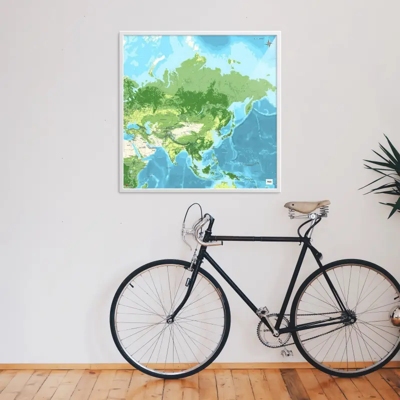 Asien-Landkarte als Poster im Jalma Design über einem Fahrrad