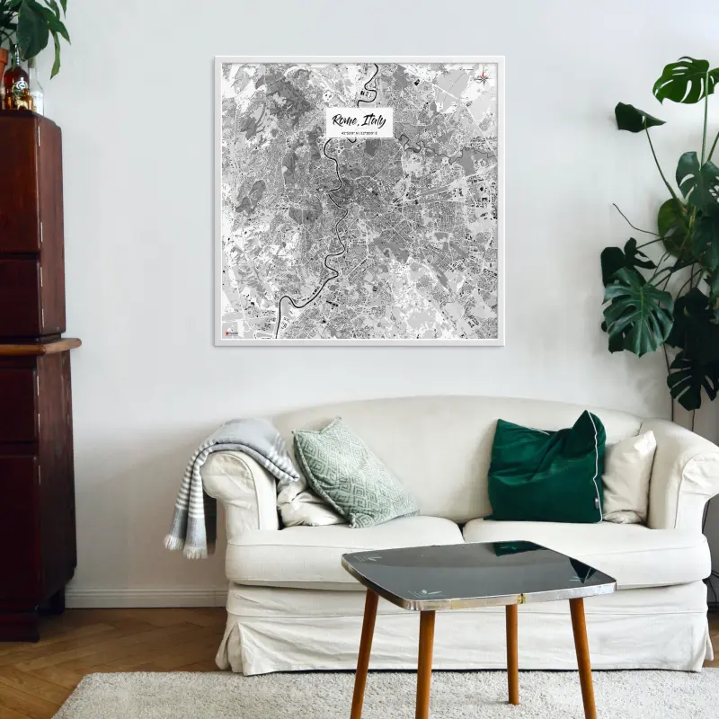 Rom-Stadtkarte als Poster im Kaia Design in einem Wohnzimmer mit einem Sofa