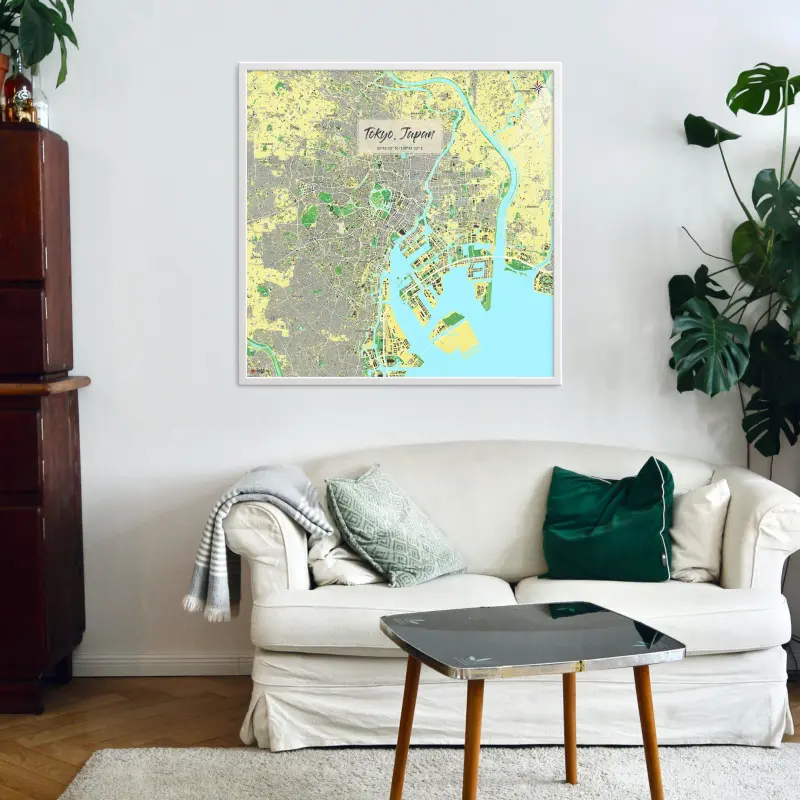 Tokio-Stadtkarte als Poster im Jalma Design in einem Wohnzimmer mit einer Couch