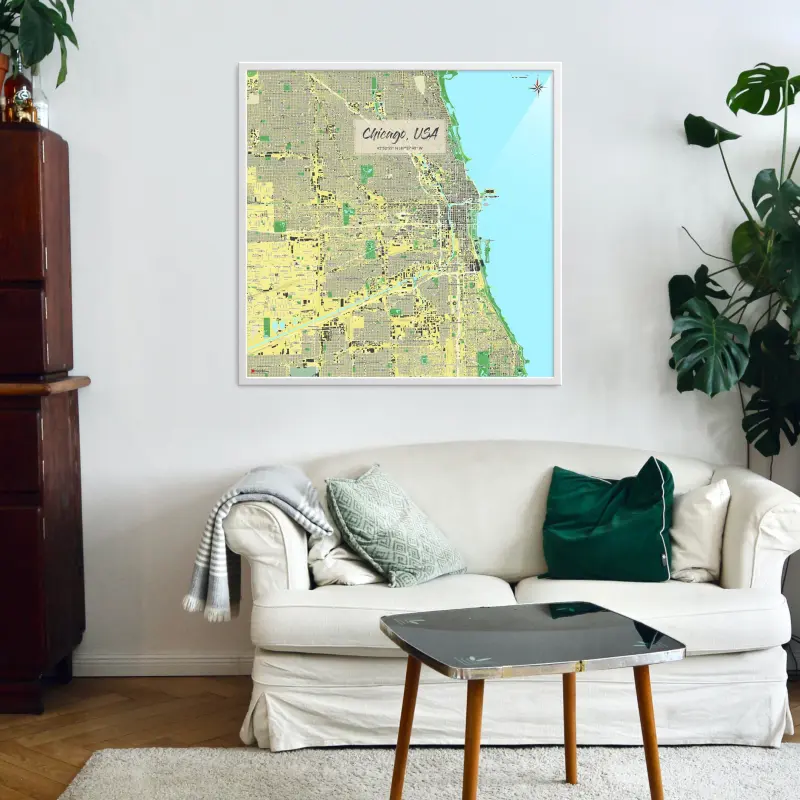 Chicago-Stadtkarte als Poster im Jalma Design in einem Wohnzimmer mit einem Sofa