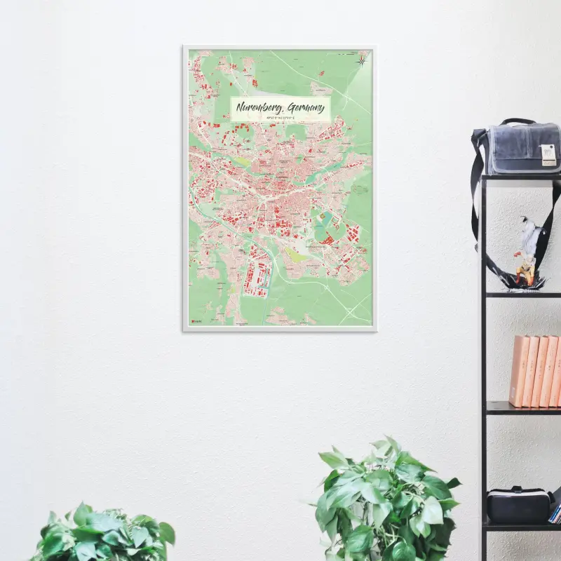 Nürnberg-Stadtkarte als Poster im Nani Design in einem Wohnzimmer mit Regal
