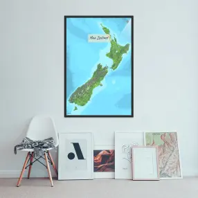 Neuseeland-Landkarte als Poster im Jalma Design an der Wand über einer Bildergalerie