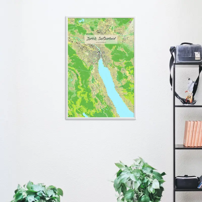 Zürich-Stadtkarte als Poster im Jalma Design in einem Wohnzimmer mit Regal