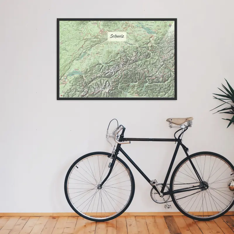 Schweiz-Landkarte als Poster im Nani Design über einem Fahrrad