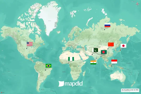 Die 10 größten Länder der Welt auf einer Weltkarte (Nani Design)