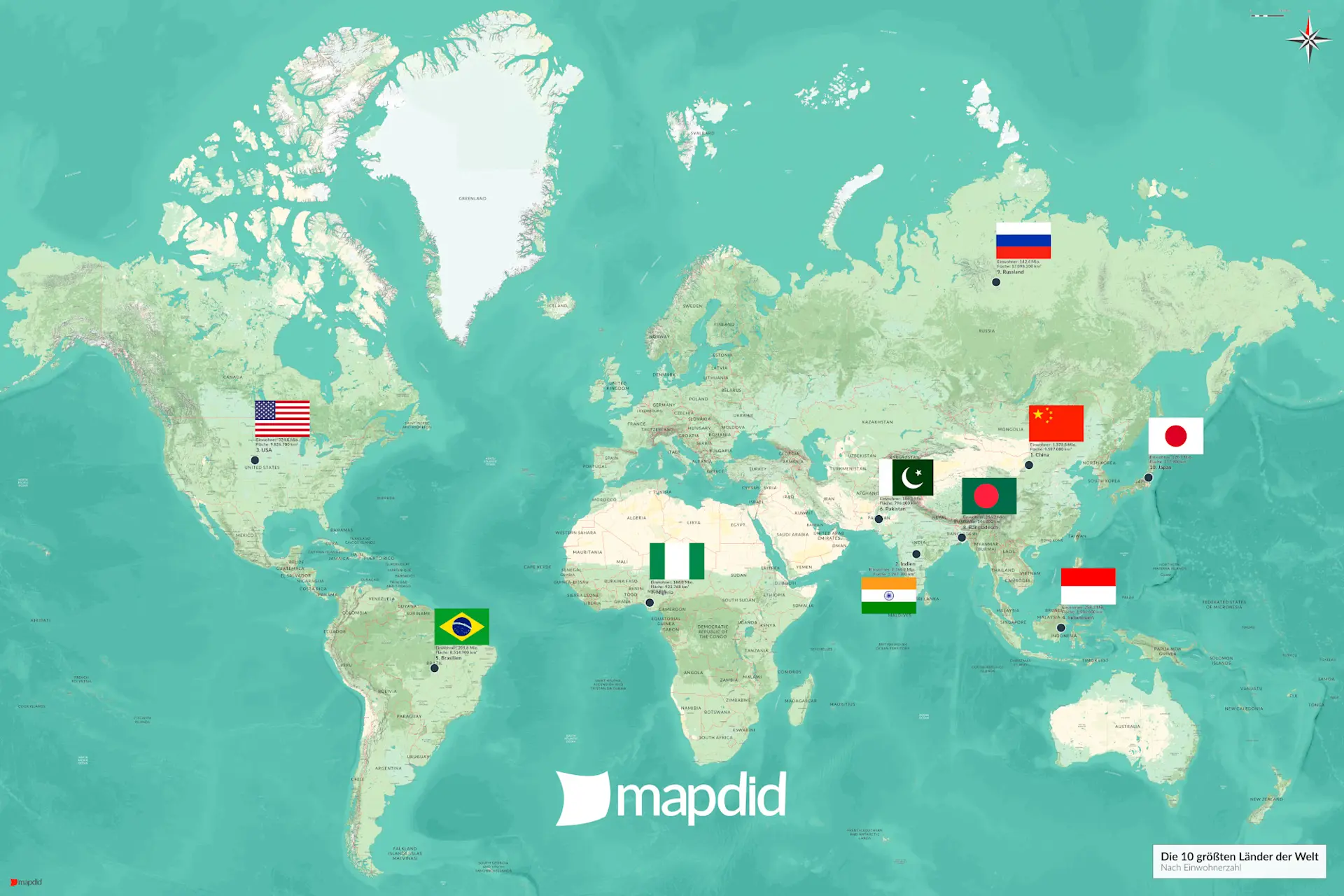 Die 10 größten Länder der Welt auf einer Weltkarte | mapdid