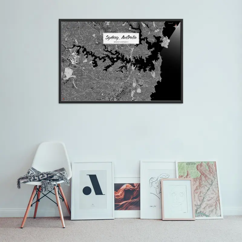 Sydney-Stadtkarte als Poster im Kaia Design über einer Bildergalerie