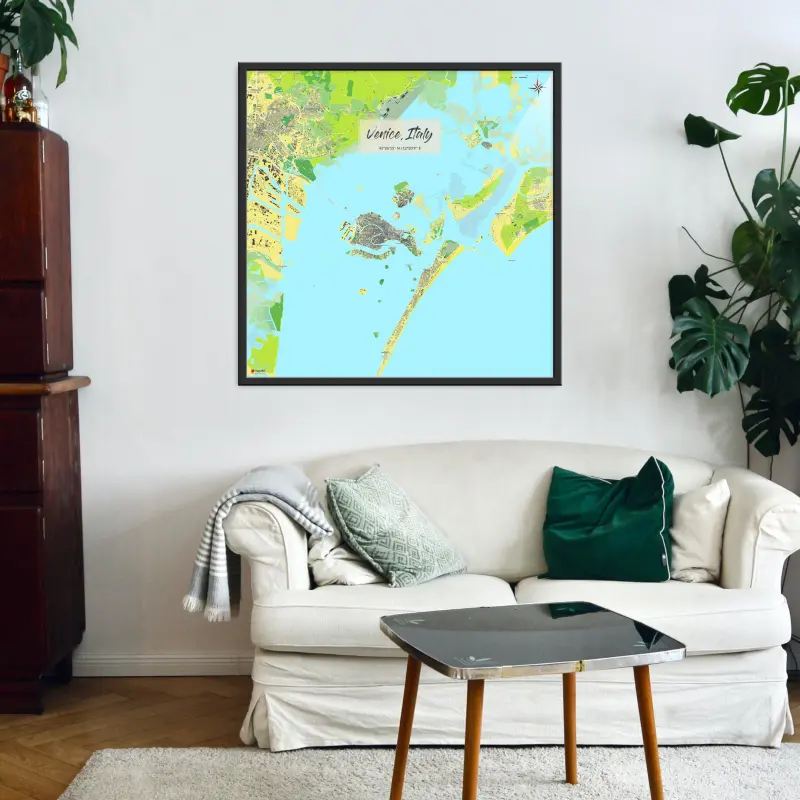 Venedig-Stadtkarte als Poster im Jalma Design in einem Wohnzimmer mit einem Sofa