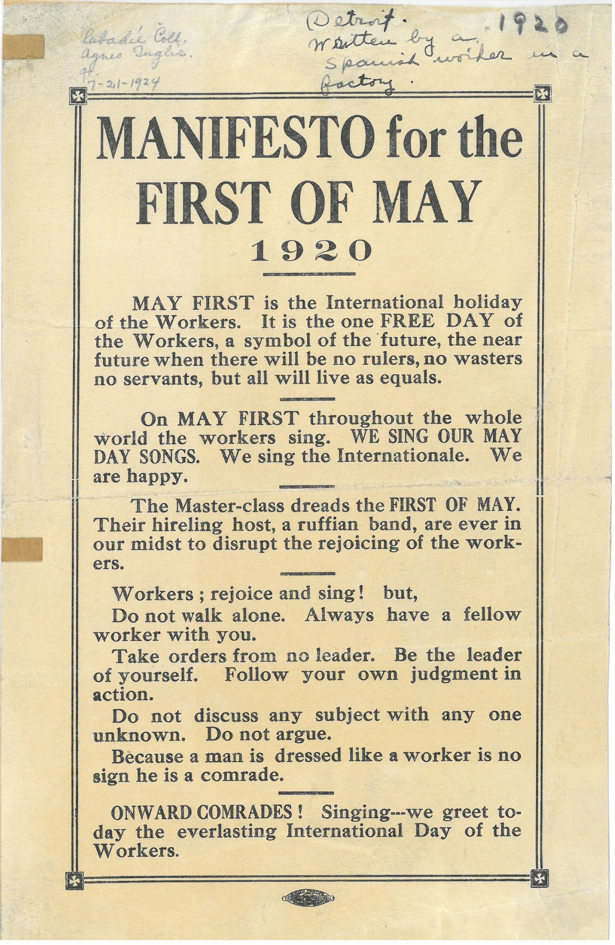 This May Day flyer was added to the Labadie Collection in 1924 by its curator, Agnes Inglis, who received it from a Spanish factory worker in Detroit.