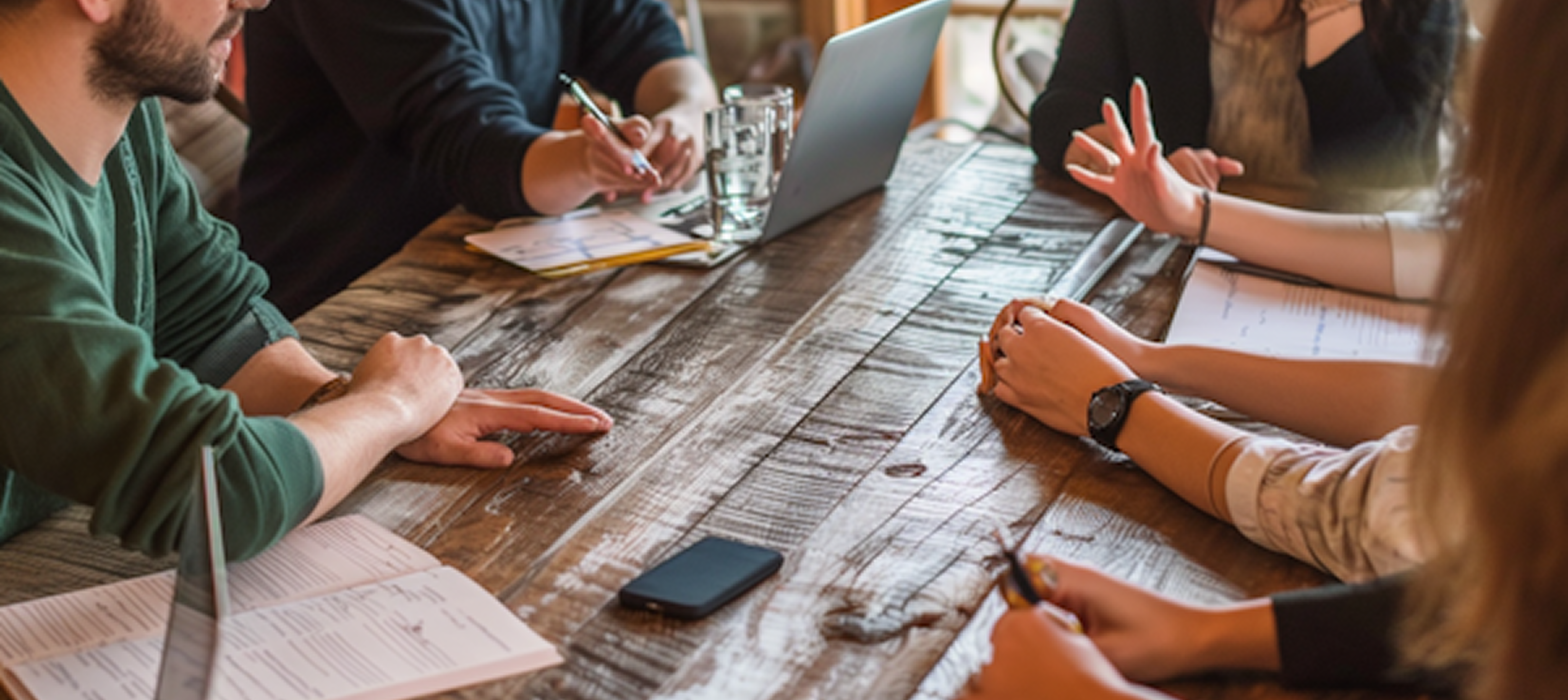 Nell'immagine sono raffigurate alcune persone sedute a un tavolo che discutono. Sul tavolo ci sono alcuni quaderni per appunti, alcune penne, un cellulare e un computer portatile.
